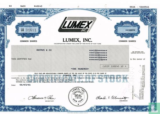 Lumex, Inc., Odd share certificate, Common stock, $ 0,10