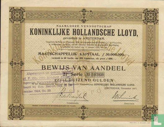 Koninklijke Hollandsche Lloyd, Bewijs van aandeel, 1.000,= Gulden