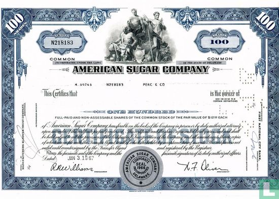 American Sugar Company, Certificate for 100 shares, Common stock