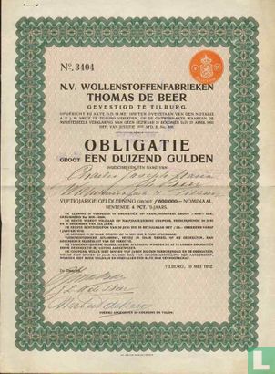 NV Wollenstoffenfabriek Thomas de Beer, Obligatie, 1.000 Gulden