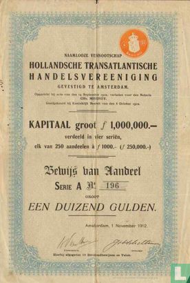 Hollandsche Transatlantische Handelsvereeniging, Bewijs van Aandeel Serie A, 1.000,= Gulden