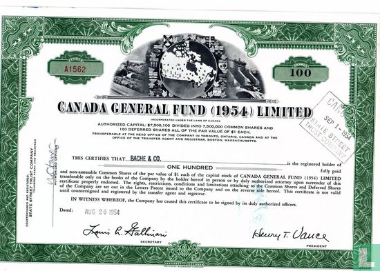 Canada General Fund (1954) Limited, Certificate for 100 shares, Common stock, $ 1,=
