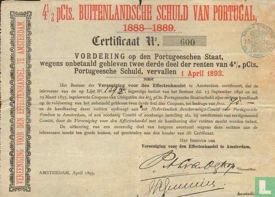 4 1/2 pCts Buitenlandsche Schuld van Portugal, 1888-1889, Certificaat van vordering wegens onbetaald gebleven rente
