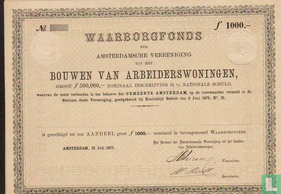 Waarborgfonds der Amsterdamsche Vereeniging tot het Bouwen van Arbeiderswoningen, Aandeel, 1.000,= Gulden, blankette