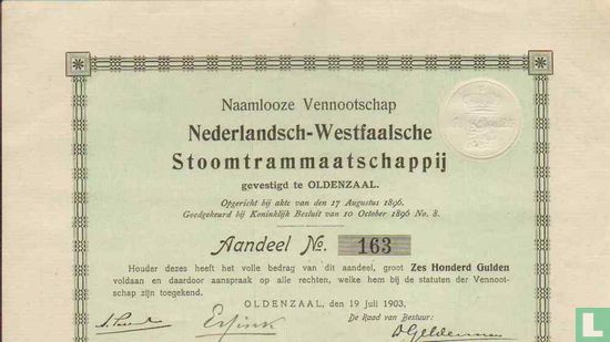Nederlandsch-Westfaalsche Stoomtrammaatschappij, Aandeel, 600,= Gulden