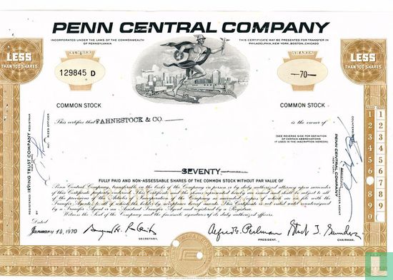 Penn Central Company, Certificate for less than 100 shares, Common stock, w/o par value