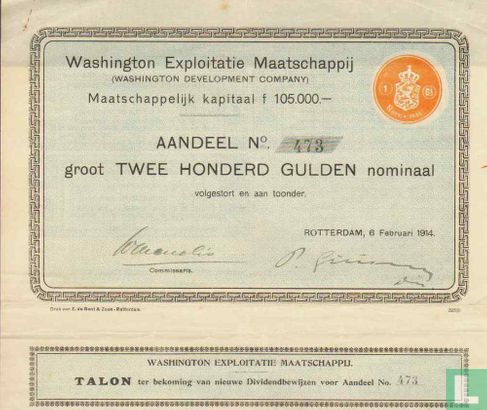 Washington Exploitatie Maatschappij, Aandeel, 200 Gulden