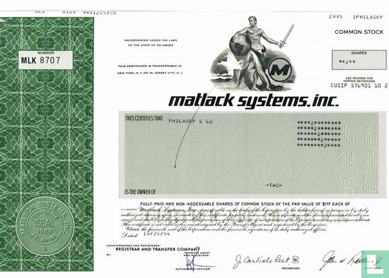 Matlack Systems, Inc., Odd share certificate, Common stock, $ 1,=