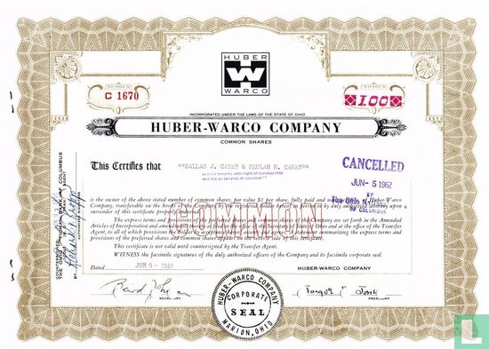Huber-Warco Company, Odd share certificate, Common stock, $ 1,=