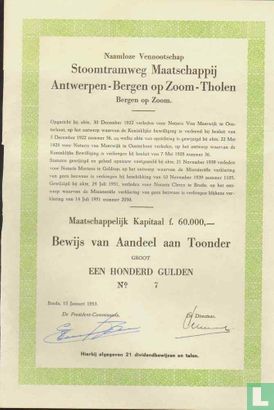 Stoomtramweg Maatschappij Antwerpen - Bergen op Zoom - Tholen, Bewijs van aandeel aan toonder, 100,= Gulden