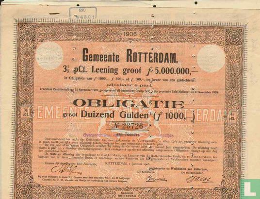Gemeente Rotterdam, 3 1/2 Pct Leening 1906, Obligatie 1.000,= Gulden