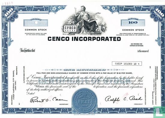 Cenco Incorporated, Certificate for 100 shares, Commopn stock, $ 1,=