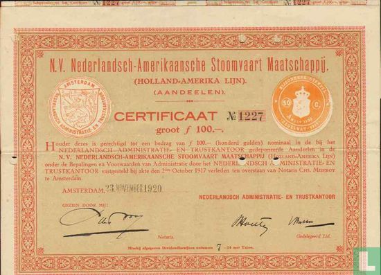 N.V. Nederlandsch-Amerikaansche Stoomvaart Maatschappij, Certificaat van aandeelen, 100,= Gulden