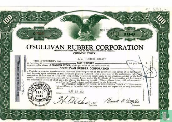 O'Sullivan Rubber Corporation, Certificate for 100 shares, Common stock, $ 1,=