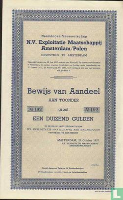 N.V. Exploitatie Maatschappij Amsterdam/Polen, Bewijs van aandeel, 1.000,= Gulden, blankette