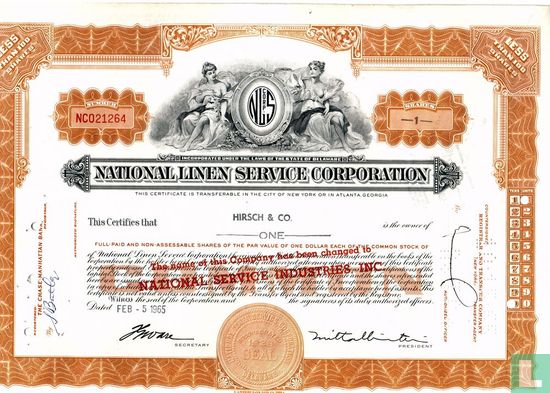 National Linen Service Corporation, Certificate for less than 100 shares, Common stock, $ 1,=