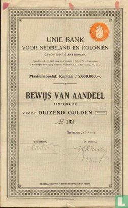 Unie Bank voor Nederland en Kolonien, Bewijs van aandeel, 1.000,= Gulden