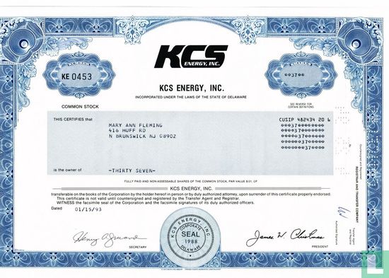 KCS Energy, Inc., Odd share certificate, Common stock, $ 0,01