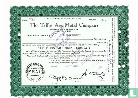The Tiffin Art Metal Company, Odd share certificate, $ 1,=