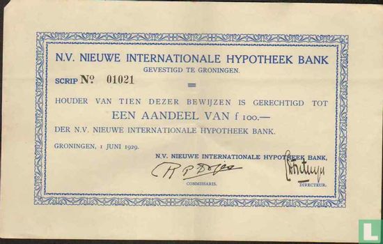 N.V. Nieuwe Internationale Hypotheek Bank, Bewijs van 1/10e aandeel, 100,= Gulden