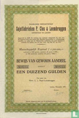 Sajetfabrieken P. Clos & Leembruggen, Bewijs van gewoon aandeel, 1.000,= Gulden