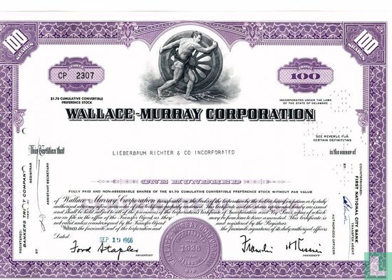 Wallace-Murray Corporation, Certificate for 100 shares, $ 1,70 Cumulative Convertible Preference Stock, w/o par value