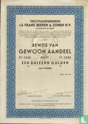 Tricotagefabriek v/h Frans Beeren & Zonen N.V., Bewijs van gewoon aandeel, 1.000,= Gulden