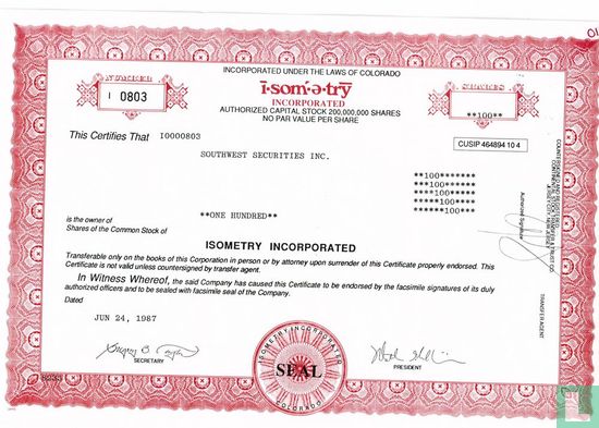 I-Som-E-Try Incorporated, Odd share certificate, Common stock, w/o par value