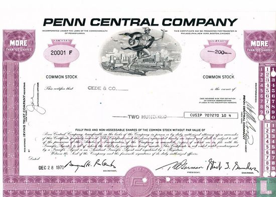 Penn Central Company, Certificate for more than 100 shares, Common