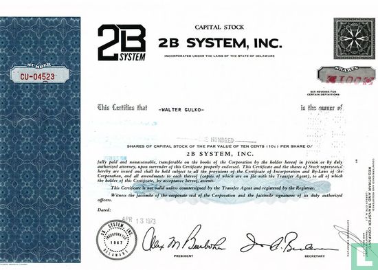 2B System, Inc., Odd share certificate, Capital stock