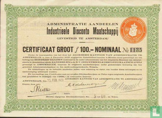 Industrieele Disconto Maatschappij, Aandelencertificaat, 100 Gulden