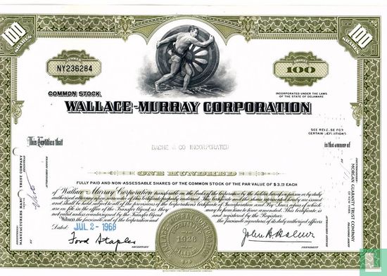 Wallace-Murray Corporation, Certificate for 100 shares, Common stock, $ 3,75