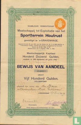 Maatschappij tot Exploitatie van het Sportterrein Houtrust, Bewijs van aandeel, 500 Gulden