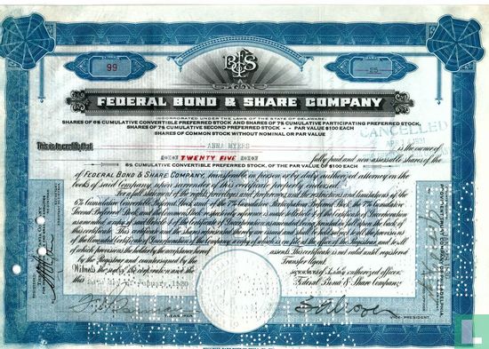 Federal Bond & Share Company, Odd share certificate, 6% Cumulative convertible preferred stock, $ 100,=