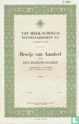 Van Heek-Scholco, Bewijs van aandeel, 1.000,= Gulden, blankette