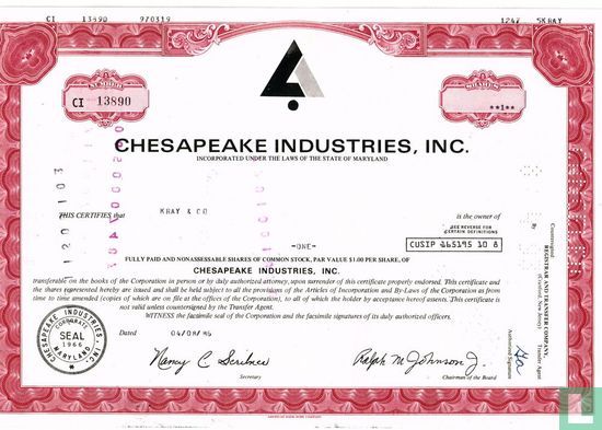 Chesapeake Industries, Inc., Odd share certificate, Common stock, $ 1,=