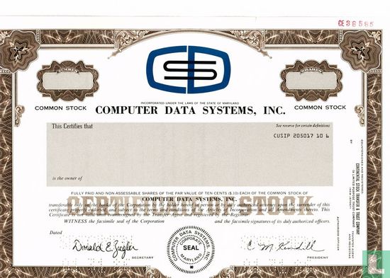 Computer Data Systems, Odd share certificate, Common stock, blankette