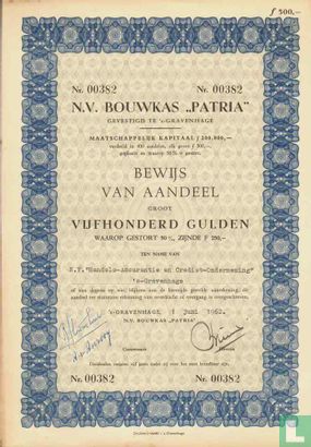 N.V. Bouwkas "Patria", Bewijs van aandeel, 500,= Gulden