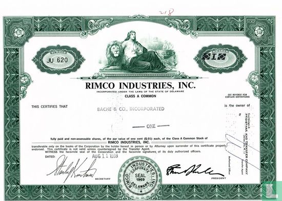 Rimco Industries, Inc., Odd share certificate, Class A Common stock, $ 0,01