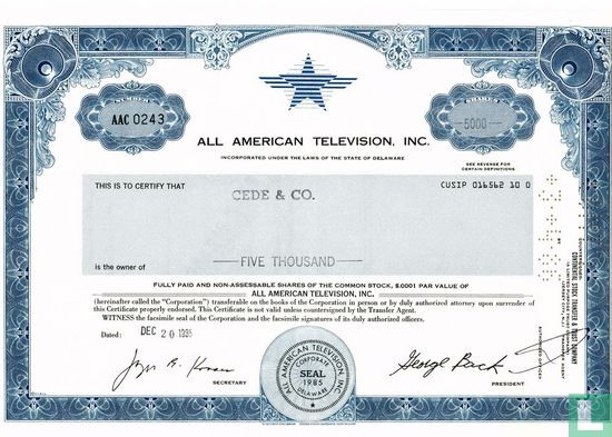 All American Television, Inc., Odd share certificate, Common stock