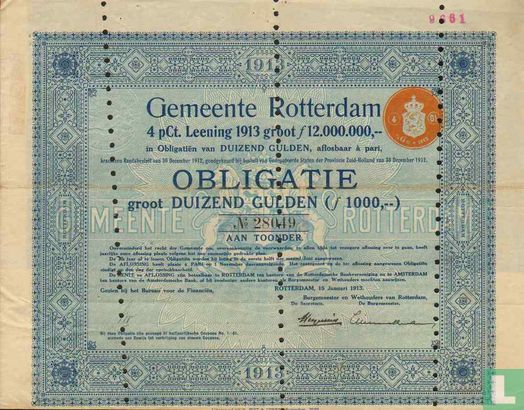 Gemeente Rotterdam, 4 Pct Leening 1913, Obligatie 1.000,= Gulden