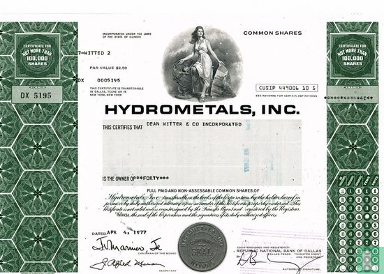 Hydrometals, Inc., Certificate for not more than 100.000 shares, Common stock, $ 2,50