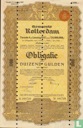 Gemeente Rotterdam, Tweede 4 Pct Leening 1937, Obligatie 1.000,= Gulden