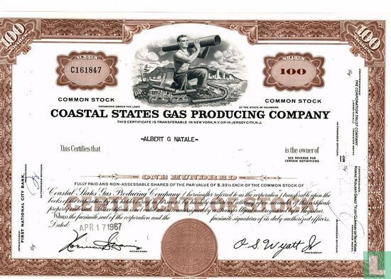 Coastal States Gas Producing Company, Certificate for 100 shares, Common stock, $ 0,331/3 