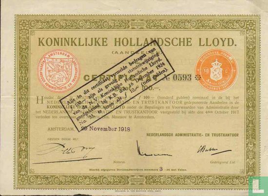 Koninklijke Hollandsche Lloyd, Aandelencertificaat, 100,= Gulden