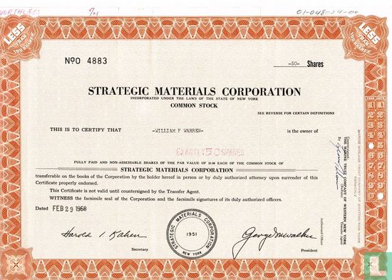 Strategic Materials Corporation, Certificate for less than 100 shares, Common stock, $ 1,=