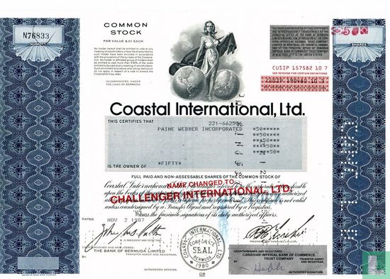 Coastal International (Challenger International), Ltd, Odd share certificate, Common stock