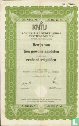Koninklijke Nederlandse Textiel-Unie, Bewijs van tien gewone aandelen, 100 Gulden
