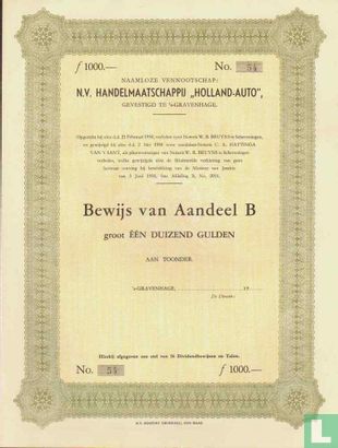 N.V. Handelmaatschappij "Holland-Auto", Bewijs van aandeel B, 1.000,= Gulden, blankette