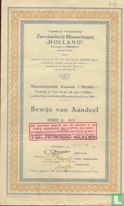 Zeevisscherij-Maatschappij "Holland", Bewijs van aandeel, 500,= Gulden